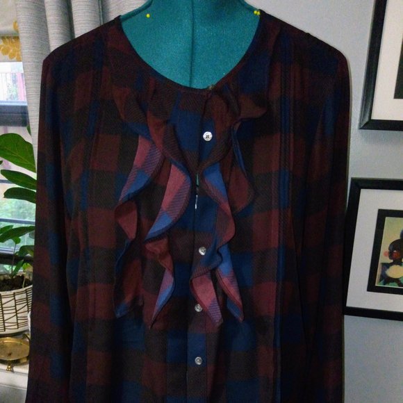 Ann Taylor Factory Tops - Ann Taylor Checkered Plaid Ruffled Blouse Sz L